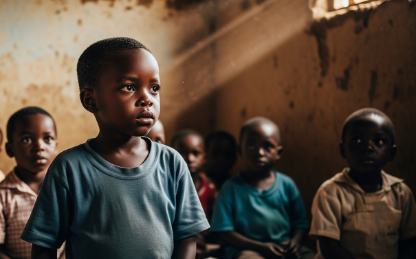 An AI generated image of a boy seated in a mud-walled classroom