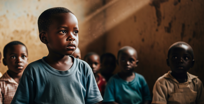 An AI generated image of a boy seated in a mud-walled classroom